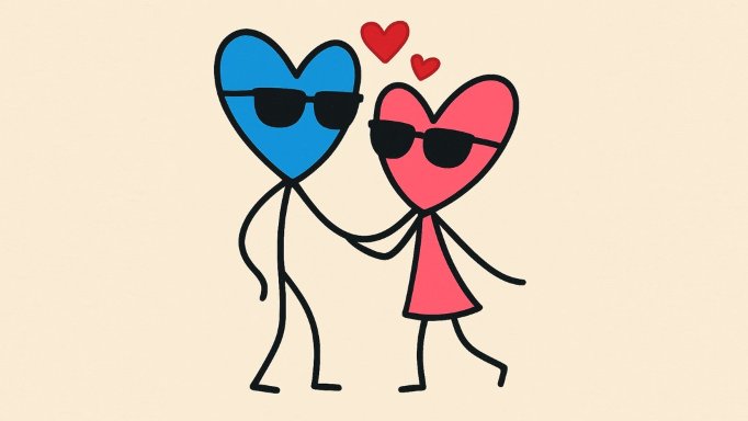 stick figure cartoon drawing of a man and woman, each with a heart shaped head and wearing dark glasses